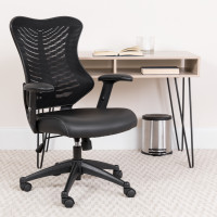 Flash Furniture BL-ZP-806-BK-LEA-GG High Back Black Mesh Chair with Leather Seat and Nylon Base